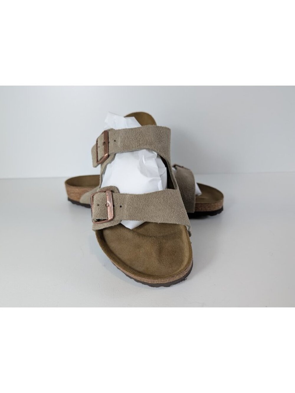 Birkenstock men's Arizona Taupe Suede Sandals with Copper Buckles Size 10